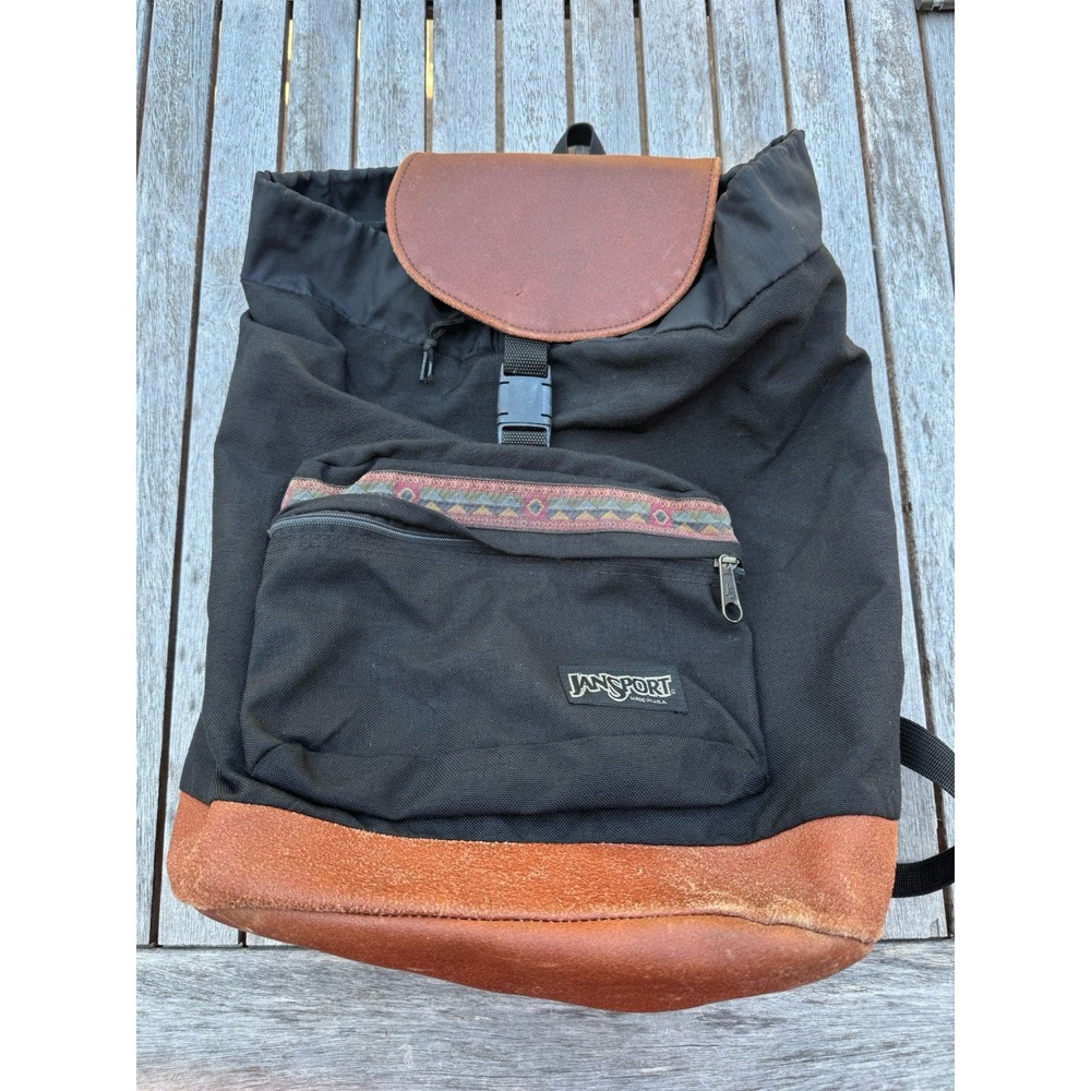 JanSport Mini Backpack Black Y2K Southwestern Aztec Brown Leather USA 90s Vtg